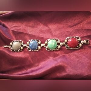 Silver Tone 1960s Large Resin Cabochon Red Green Blue Gray Bracelet Vintage Vtg